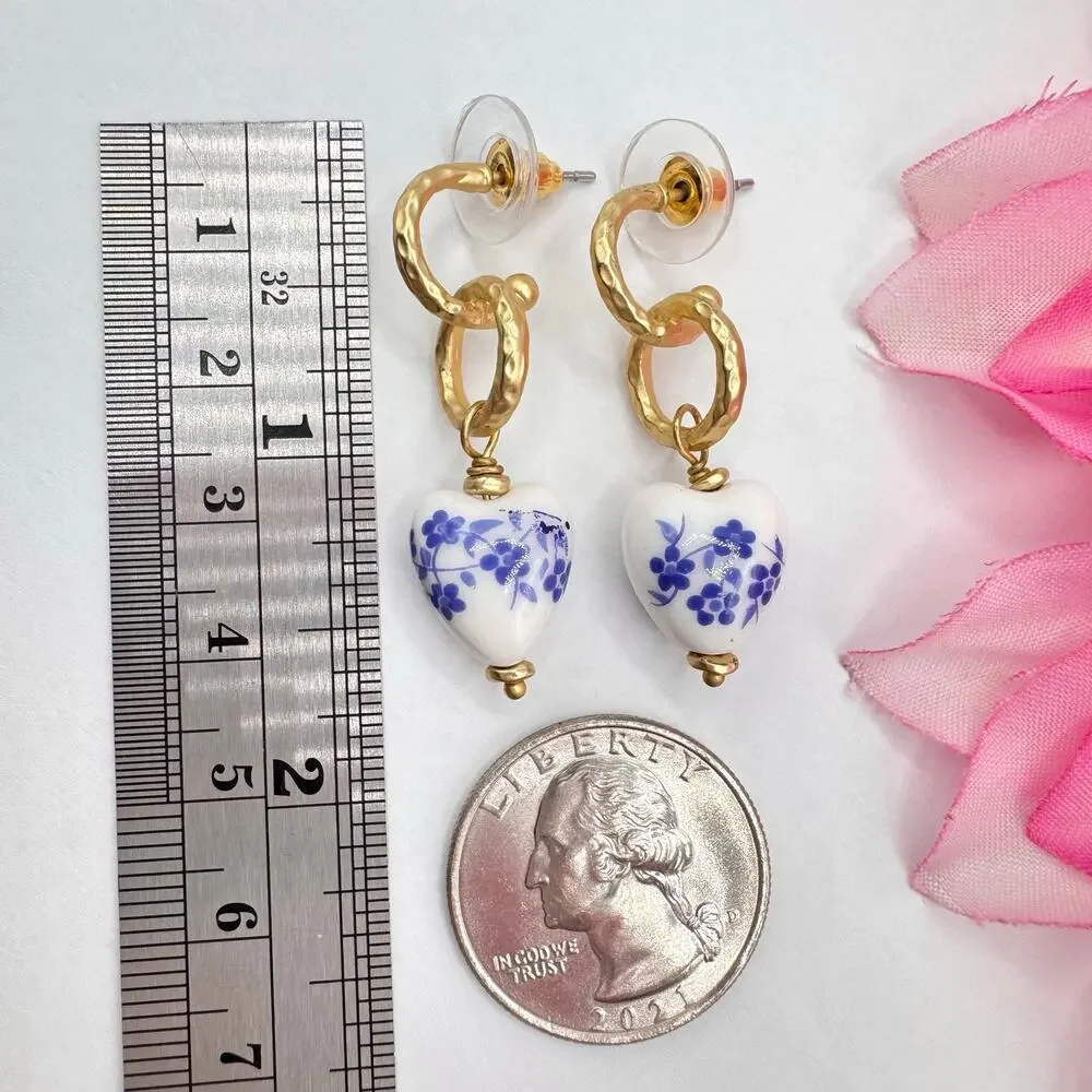 Spartina Ceramic Heart Earrings Blue Flowers 18K Matte Gold Plated Delft Style